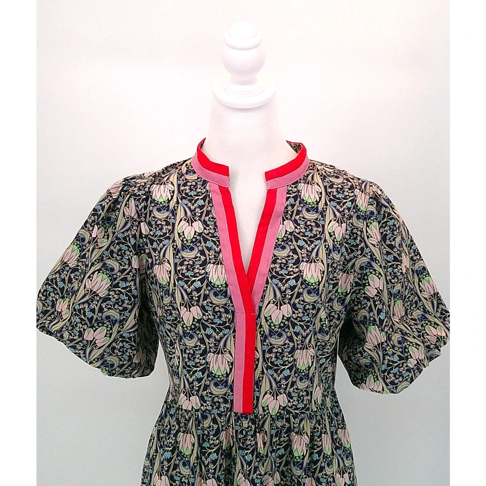 Women's Floral Print Midi Dress Sz M Voy Puff Sleeve Boho Chic Navy Pink Casual - Picture 4 of 11